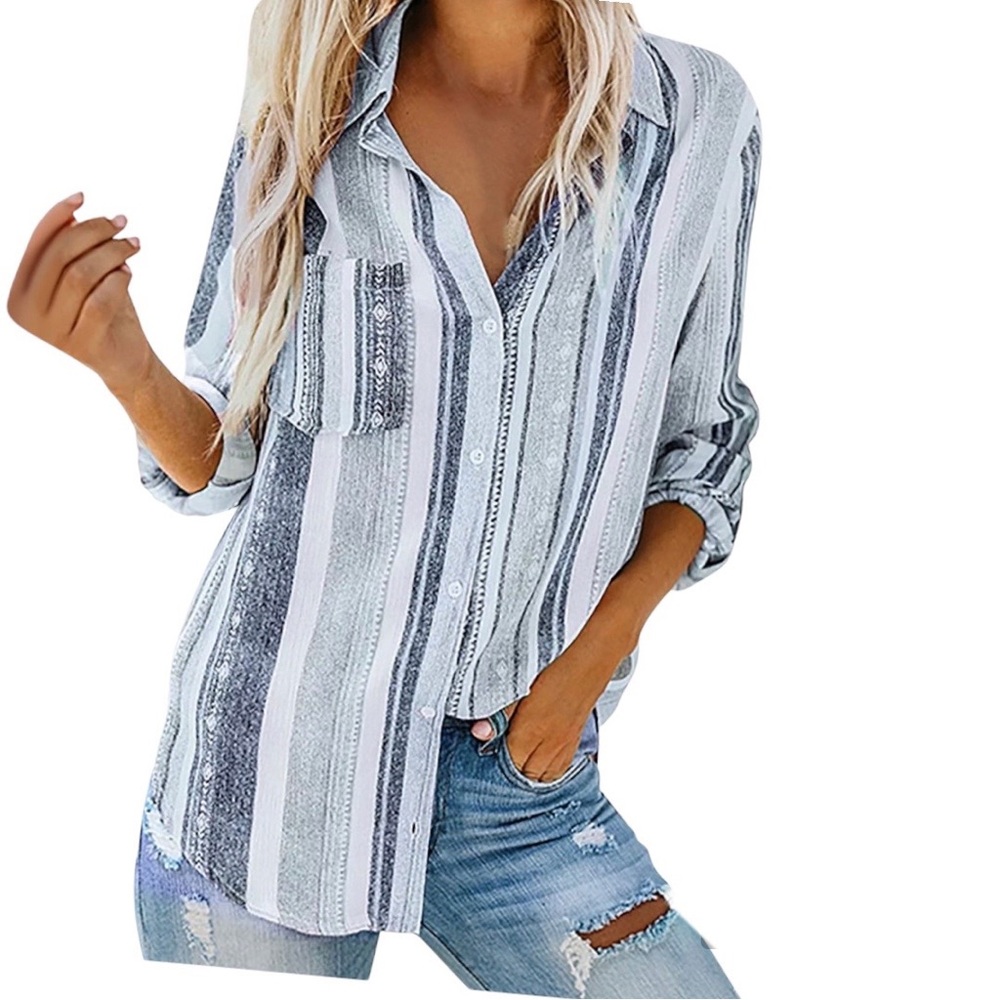Women’s Grey Sweet Enough Striped Button Down Top Size Medium